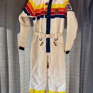 Women's Belted White Retro Rainbow Stripe Ski and Snow Suit XS - OOSC